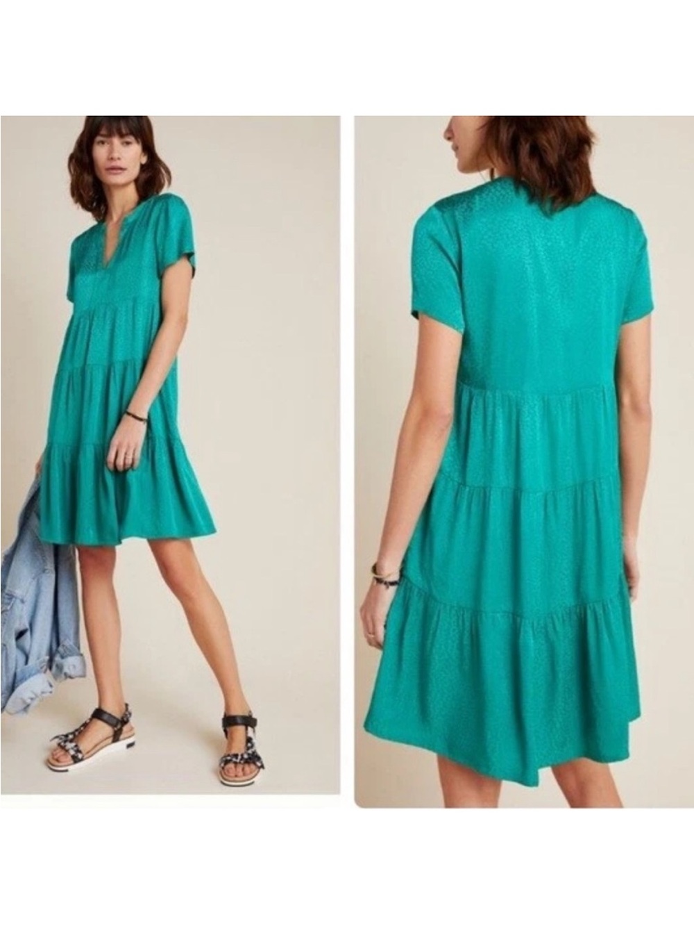 Anthropologie Maeve Tania Sacha Jacquard Tiered Mini‎ Dress Teal Green 1X